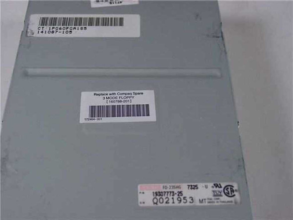 Compaq 160788-201 Teac FD-235HG floppy drive – rear label view showing Compaq spare part sticker 160788-201, Teac model FD-235HG part number 19307773-25, UL/CSA markings, and secondary labels