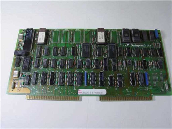Dataproducts 260753-006B CCA Processor Board — top view showing full PCB with ICs, gold card-edge connector, and Dataproducts logo