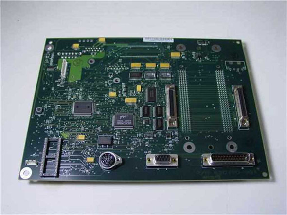 Exabyte 620190-001 backplane board — solder/rear side view showing DB25, mini-DIN, and DB15 connectors