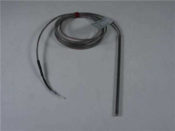 Heraeus FSI-232188-001 temperature sensor probe – full assembly view showing stainless steel probe tip and coiled shielded lead cable with bare wire ends