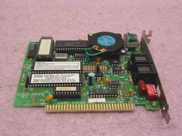 Everex Systems EV-923 modem card – top-down board view showing ISA edge connector, main ICs, oscillator, and Parcorp label; Rev C silkscreen visible