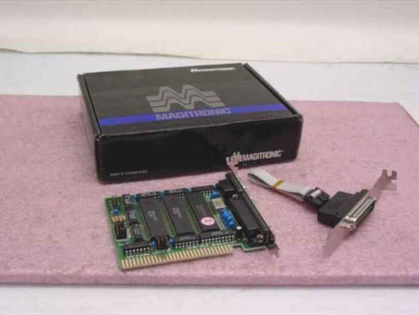 Magitronic A-B232 8-bit ISA serial parallel card shown with original black Magitronic box and external parallel port bracket