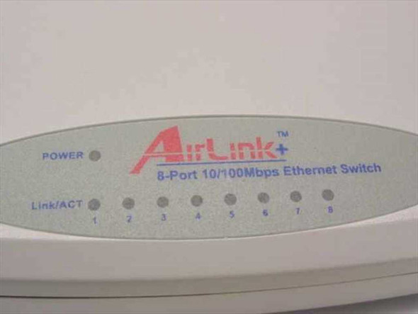 AirLink+ ASW108/A4 front panel close-up showing Power LED, Link/ACT LEDs for all 8 ports, and brand logo