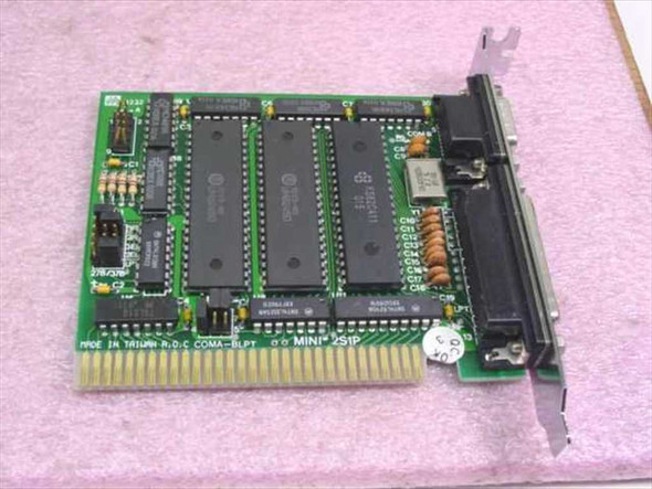Magitronic A-B232 Mini 2S1P 8-bit ISA card top view showing PCB with multiple ICs, jumper block, DB25 parallel port bracket connector, and 8-bit ISA edge connector