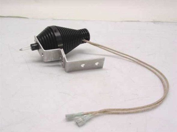 Microscope lamp light source assembly with black finned housing, aluminum mounting bracket, and braided lead wires — side view