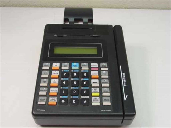Hypercom T7P-T credit card terminal front view showing LCD display, keypad, and magnetic stripe reader