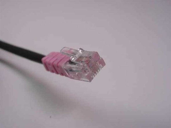 Polycom 2457-08339-001 cable close-up of pink RJ-11 connector end showing clear housing and pink strain relief boot