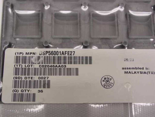 Motorola DSP56001AFE27 factory tray label showing MPN, LOT C02046AA03, DTE 0027, QTY 36, assembled in Malaysia