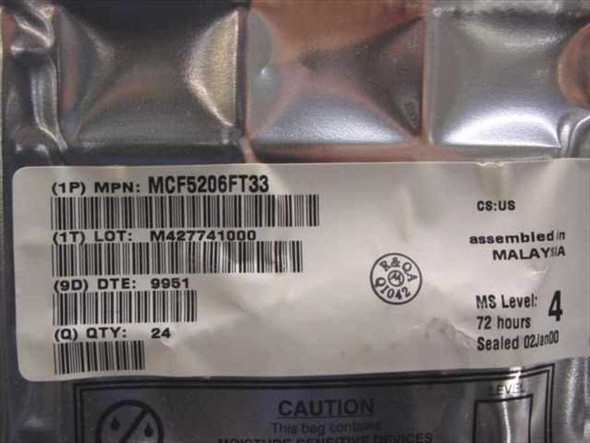 MCF5206FT33 ESD bag label showing MPN, lot number M427741000, DTE 9951, qty 24, assembled in Malaysia, MS Level 4, sealed 02/00
