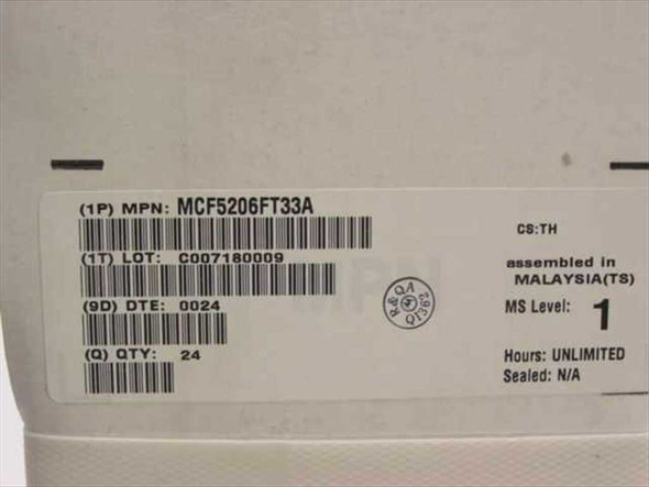 Freescale MCF5206FT33A label detail showing MPN, lot number C007180009, DTE 0024, quantity 24, assembled in Malaysia