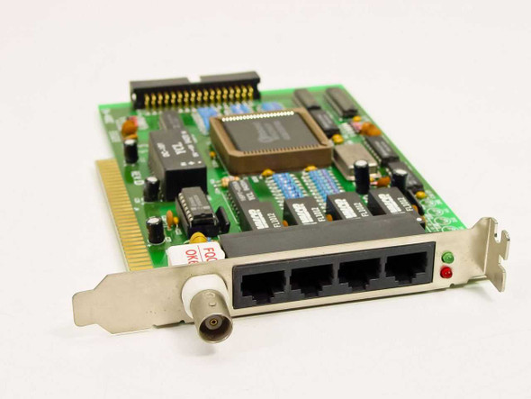 Danpex EN-400I network card front view showing 4-port RJ-45 bracket, BNC connector, and Winbond W89C980P chipset on green PCB