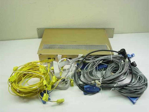 Acculex DP-304 rackmount system top view showing full cable set including yellow thermocouple cables, gray signal cables, and blue DB connectors