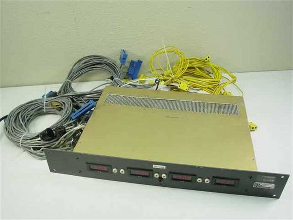 Acculex DP-304 LED panel meter rackmount chassis front view with four red LED displays and thermocouple cables laid out on top