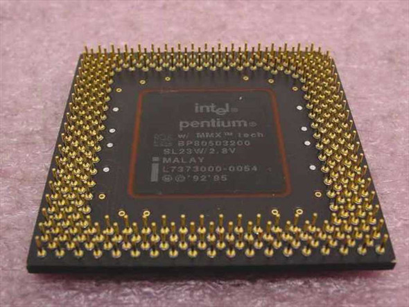 Intel Pentium MMX BP80503200 SL23W 200MHz Socket 7 CPU — top die view showing Intel logo, MMX branding, part number, and gold pins
