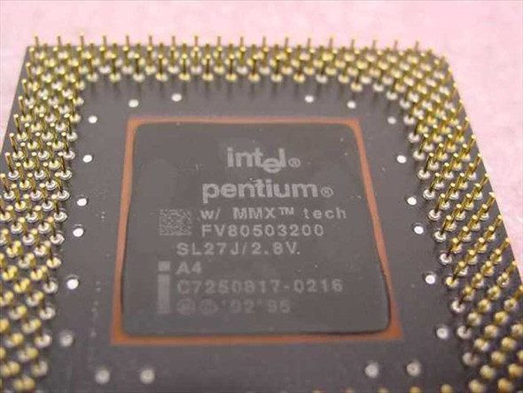 Intel Pentium MMX SL27J FV80503200 processor — close-up of die markings showing FV80503200, SL27J/2.8V, A4 stepping, and date code