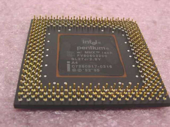 Intel Pentium MMX SL27J FV80503200 200MHz Socket 7 CPU — top die view showing Intel logo, MMX marking, and SL27J/2.8V designation