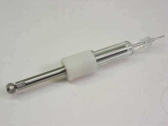 Abbott Spectrum 1366-08 ISE Reagent Syringe – full side view showing metal shaft, white ribbed collar, and glass barrel with needle