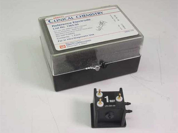 Abbott Clinical Chemistry 1365-05 Reference Electrode shown with original labeled plastic box — front label visible showing List No. 1365-05 and Abbott Spectrum Series compatibility