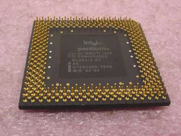 Intel Pentium MMX SL26J FV80503200 CPU — top die view showing Intel Pentium w/ MMX Tech markings, SL26J/2.8V, stepping A4, date code C7080485-0945