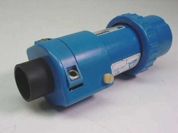 Russellstoll 3750DP industrial plug – rear cable entry side view showing blue body and strain relief end