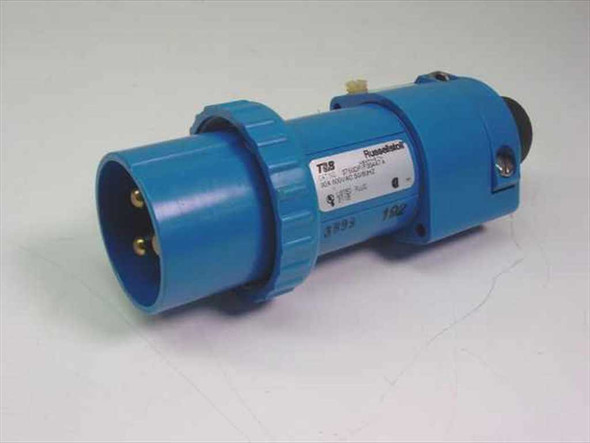 Russellstoll 3750DP F35447A 30A 600VAC blue industrial plug connector – front and side profile view showing T&B label