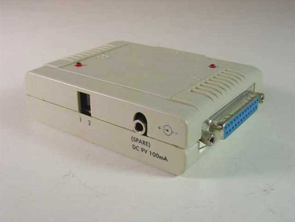 PC Concepts parallel switch — side view showing manual 2-position selector switch, optional DC 9V 100mA power jack labeled SPARE, and ventilation slots on top