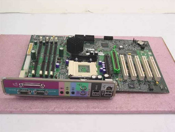 Dell MX-04H665 Socket 423 system board for OptiPlex GX400 — top view with I/O shield attached, showing PCI slots, AGP slot, and CPU socket