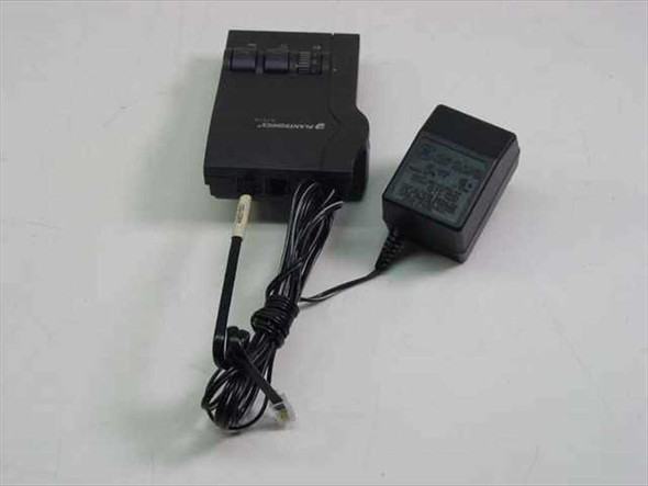 Plantronics M12 Vista amplifier rear three-quarter view showing telephone cable and AC adapter