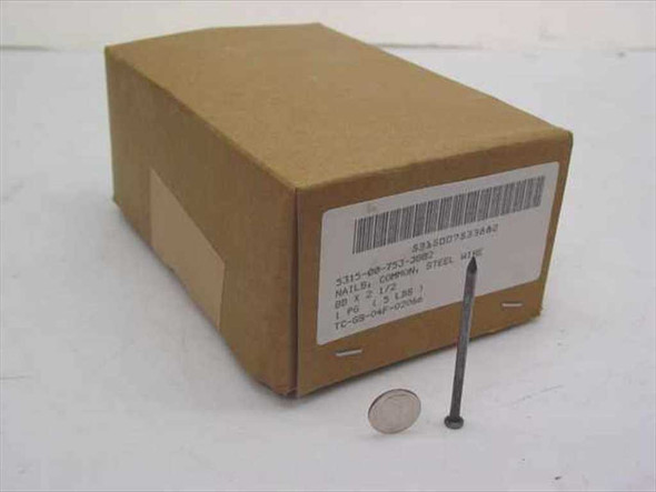 5 lb box of 8D common steel wire nails NSN 5315-00-753-3882 with single nail shown for scale — front of box