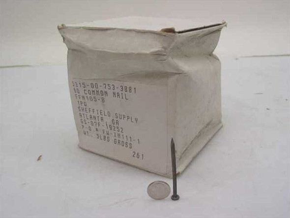 Sheffield Supply FFN105-B 6D Common Nails 5315-00-753-3881 – white manufacturer box with label and single nail shown beside a dime for scale
