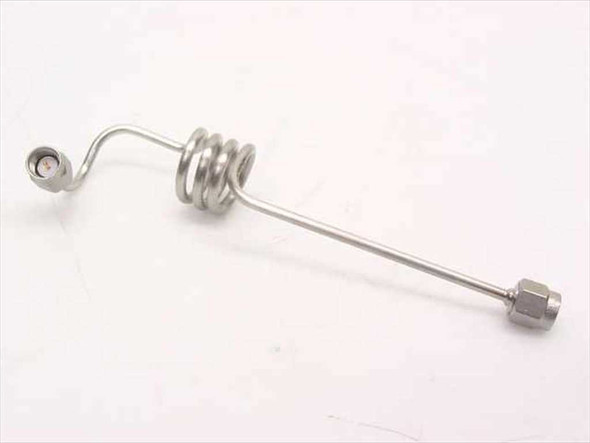 Unbranded stainless steel coiled SMA-male coaxial cable assembly, full side view showing coiled midsection and straight rod with SMA-M connector on one end and angled end on the other