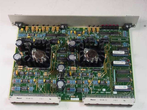 IVS Accuvision 200 SDB Board 0001-00001 Rev C — reverse top-side angle showing ASSY NO. silkscreen, S/N label, Panduit connector strip, and dual Rennoc mounting tabs