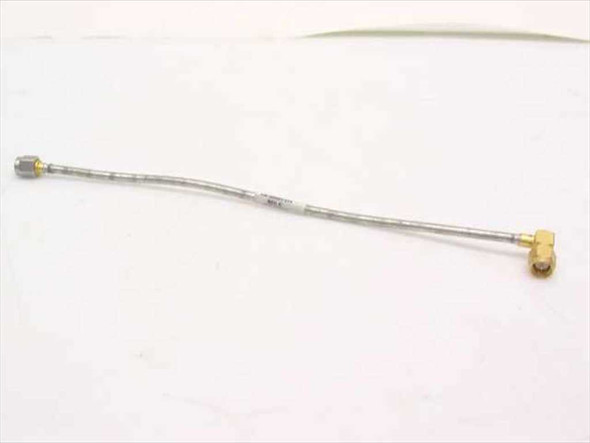 Semi-rigid coaxial RF jumper cable full view — SMA male straight connector on left, SMA male right angle connector on right, approximately 7–9 inches long