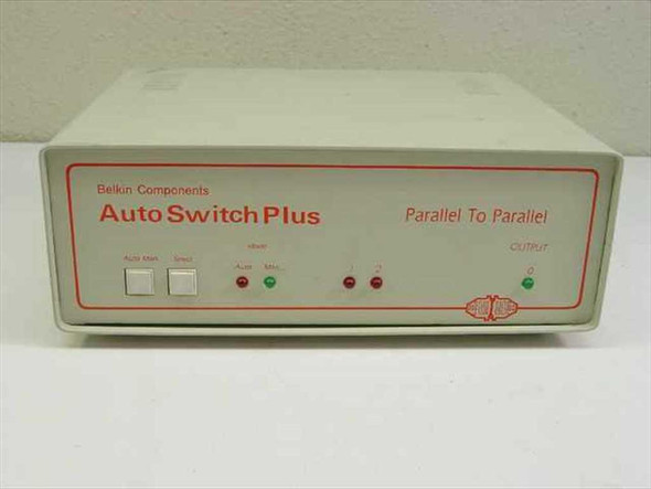 Belkin Auto Switch Plus parallel to parallel printer switch — front panel showing Auto/Man select buttons, mode LEDs, and Output indicator