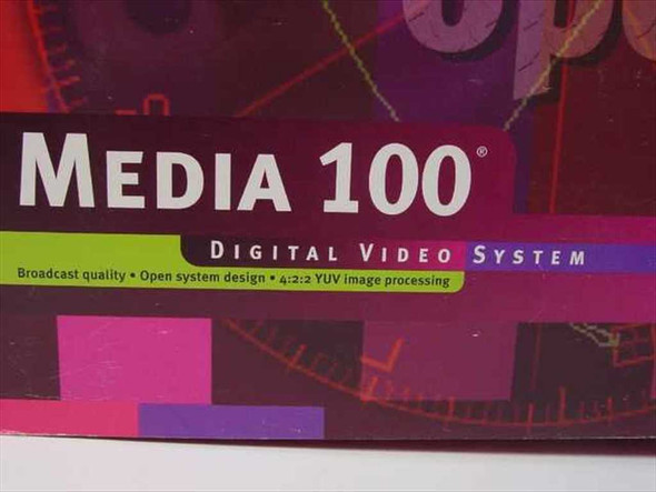 Media 100 Digital Video System box close-up showing '4:2:2 YUV image processing' and 'Broadcast quality' text