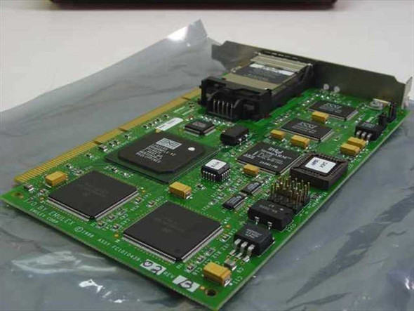 Emulex FC1020017-07B LightPulse PCI HBA — top-down view showing main PCB with multiple ICs, SIMM socket, and PCI edge connector