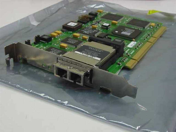 Emulex FC1020017-07B LightPulse PCI Fibre Channel HBA — front view showing dual LC/SC port bracket and green PCB in anti-static bag