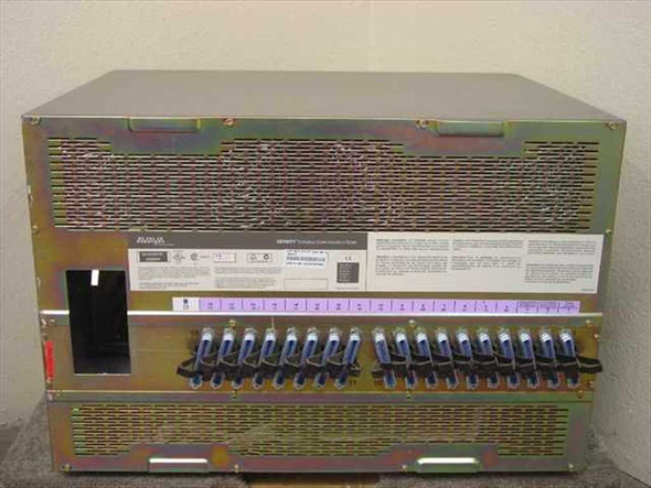 Avaya Definity Enterprise Communication Server — rear chassis view showing card cage, rating label, and telco connectors