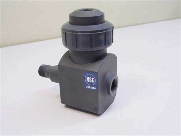 Cole-Parmer WU-33000-10 PVC flow transmitter – front left view showing NSE label and barbed hose fitting