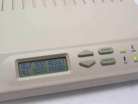 Adtran TSU ACE 1200295L1 – LCD display close-up showing SELF TEST RESULT ALL TESTS PASSED with PWR and status LEDs lit