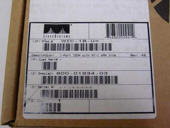 Cisco WIC-1B-U box label showing product number WIC-1B-U, description 1-Port ISDN with NT-1 WAN Interface Rev K0, and special number 800-01834-03