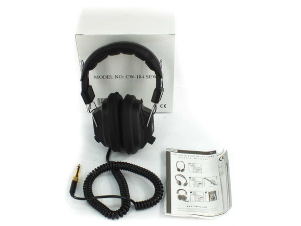 Labtec C-184 CW-184 SEWW headphones shown with retail box, coiled cord with 1/4" adapter, and user manual – full package contents view
