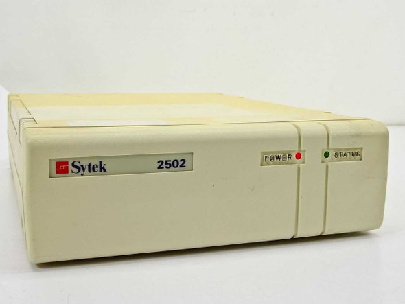 Sytek 2502 broadband network modem – front panel view showing Sytek logo, model number, Power and Status indicator LEDs