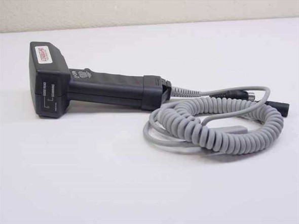 PSC Codestar 5317HP30F636 Ground Hog barcode scanner – left-side view showing grip and coiled AT cable