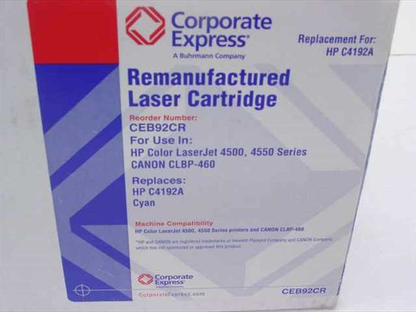 Corporate Express CEB92CR box label showing remanufactured cyan toner for HP LaserJet 4500 4550 and Canon CLBP-460, replaces HP C4192A