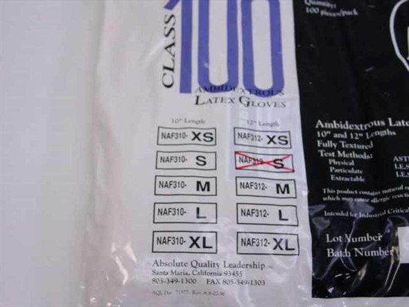 AQL NAF312 glove size chart label showing XS through XL options in 10-inch and 12-inch lengths, Absolute Quality Leadership, Santa Maria CA