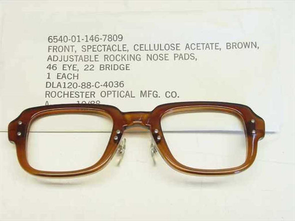 US Military GI Eyeglass Frame 6540-01-146-7809 brown cellulose acetate 46-22 front view with NSN label