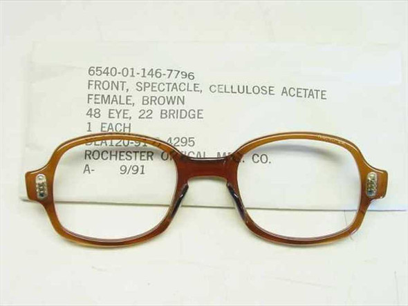 USS 6540-01-146-7796 military eyeglass frame front view showing brown horn-rimmed cellulose acetate construction with label