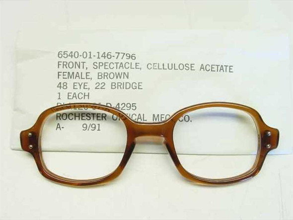 USS 6540-01-146-7796 brown cellulose acetate military spectacle front with NSN label showing 48 eye 22 bridge female specifications
