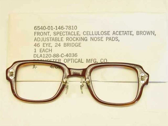 Rochester Optical military spectacle frame 6540-01-146-7810 brown horn-rimmed frame front with adjustable rocking nose pads and contract label